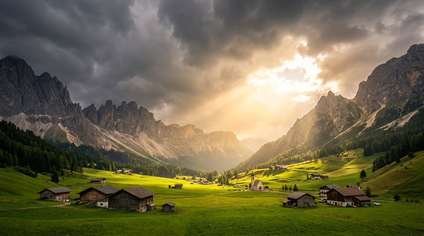Tiroler Tal mit Häusern in der Abendsonne – Symbol für Klarheit und Ruhe